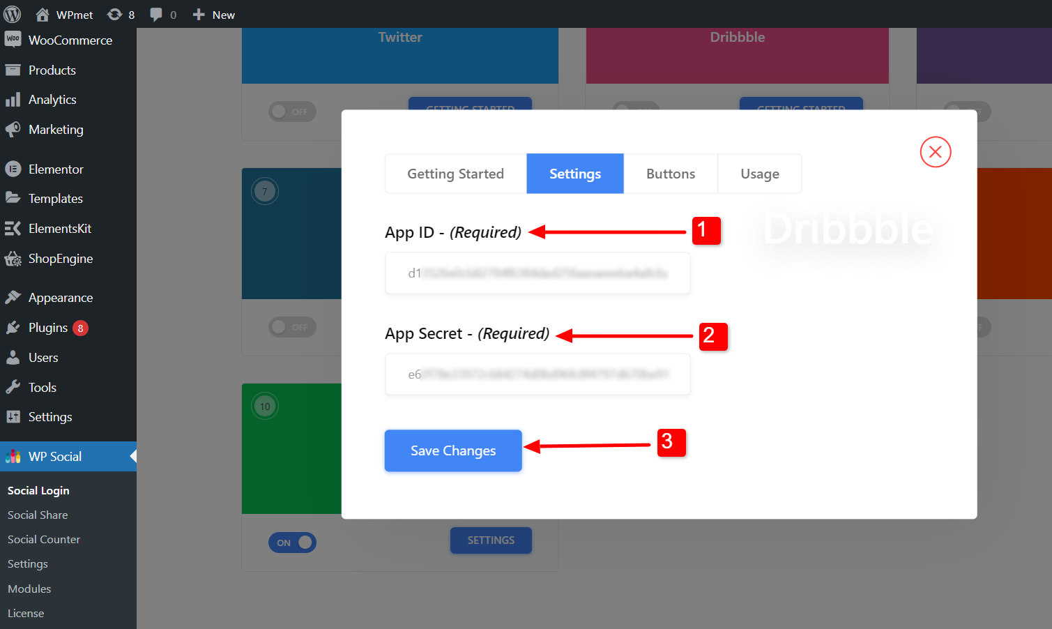 Enter APP credential for Dribble integration with WordPress