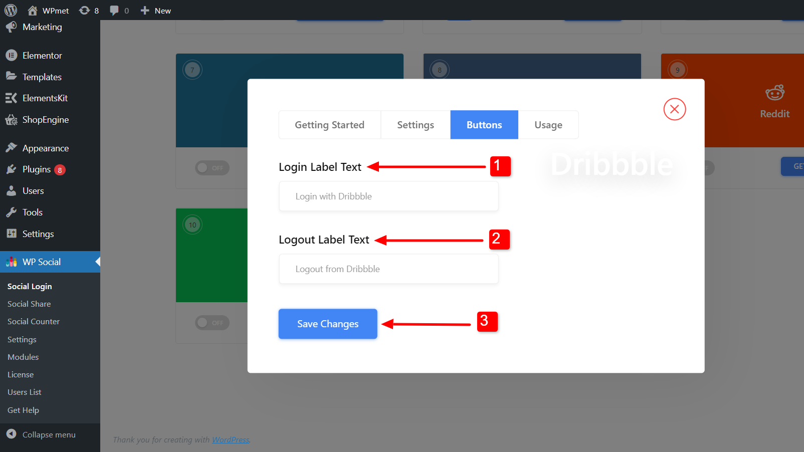 Add Dribble login button label- WP Social