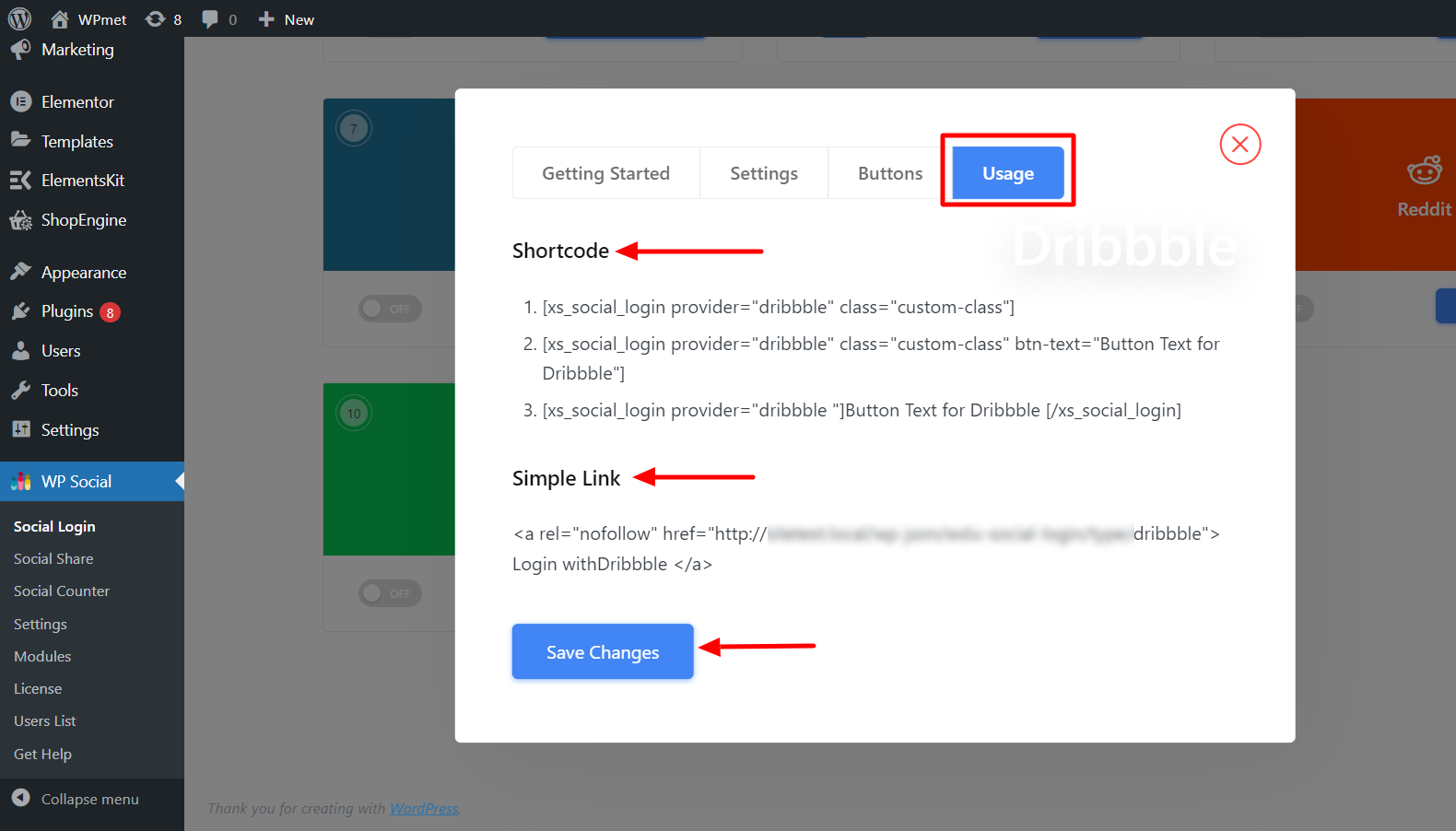 WP Social shortcodes usage for Dribble login