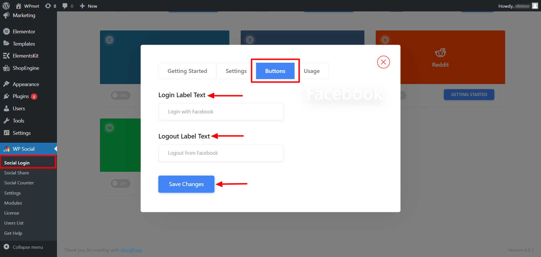 Inserisci il testo del pulsante di accesso a Facebook