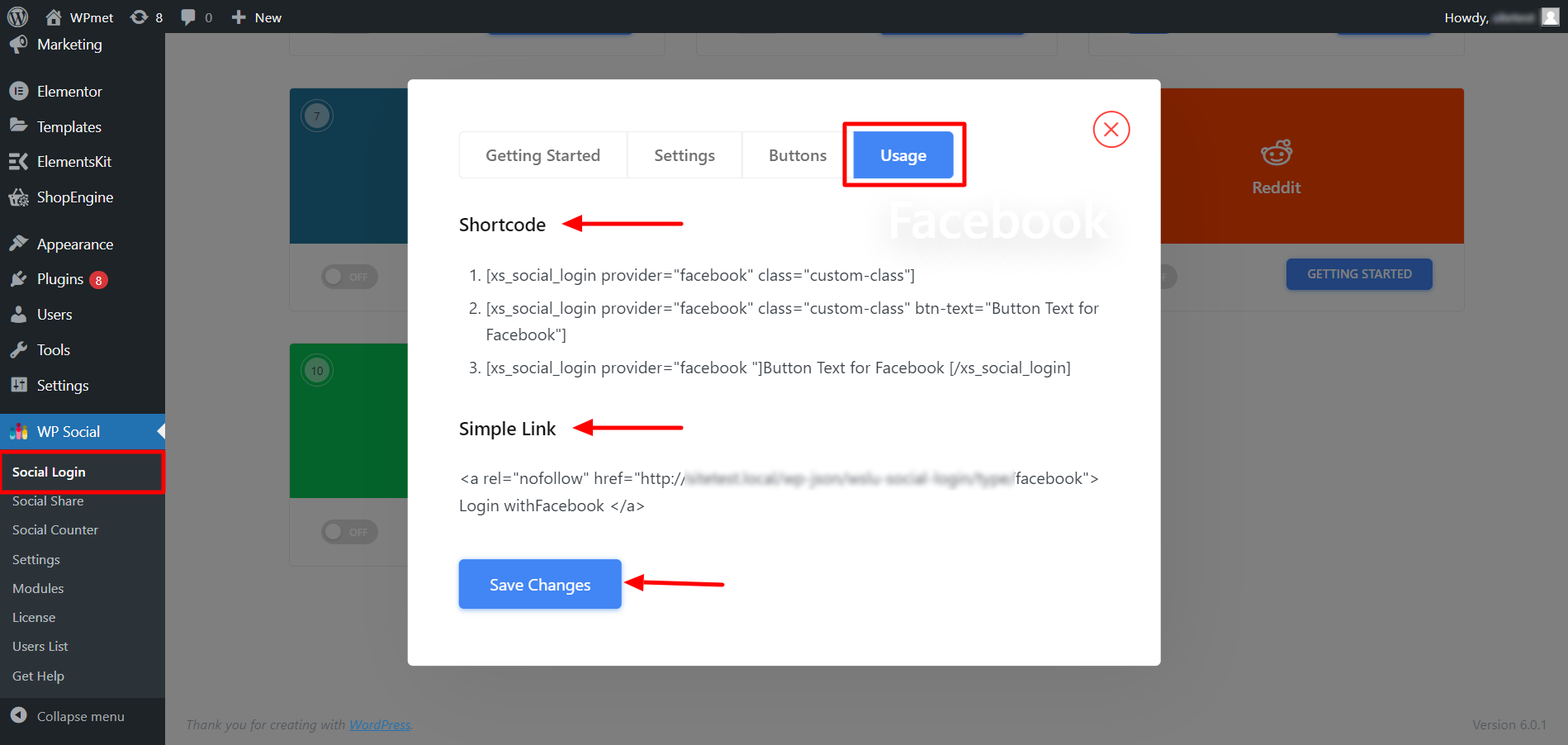 Shortcode usage for Facebook Social login