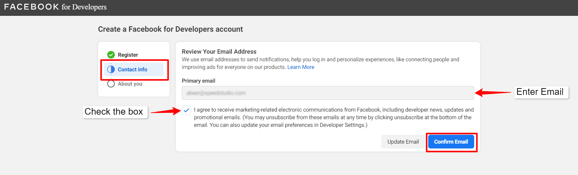 Conferma e-mail per l'account degli sviluppatori di Facebook