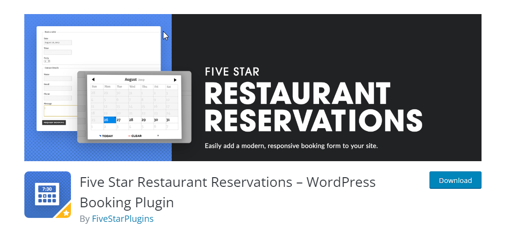 Five Star Restaurant Reservations -best wordpress plugins for restaurants