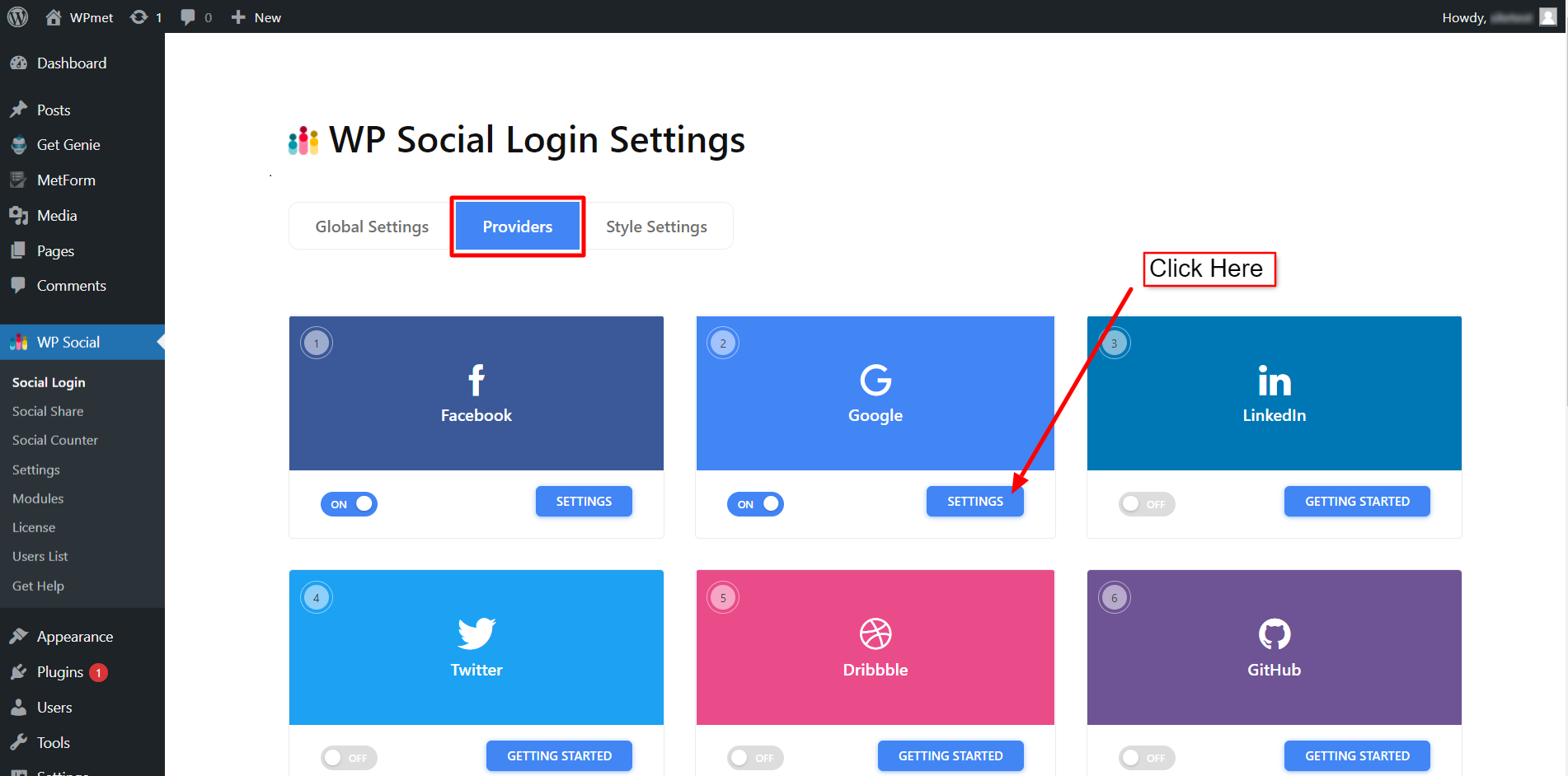 Impostazioni dell'app Google su WP Social