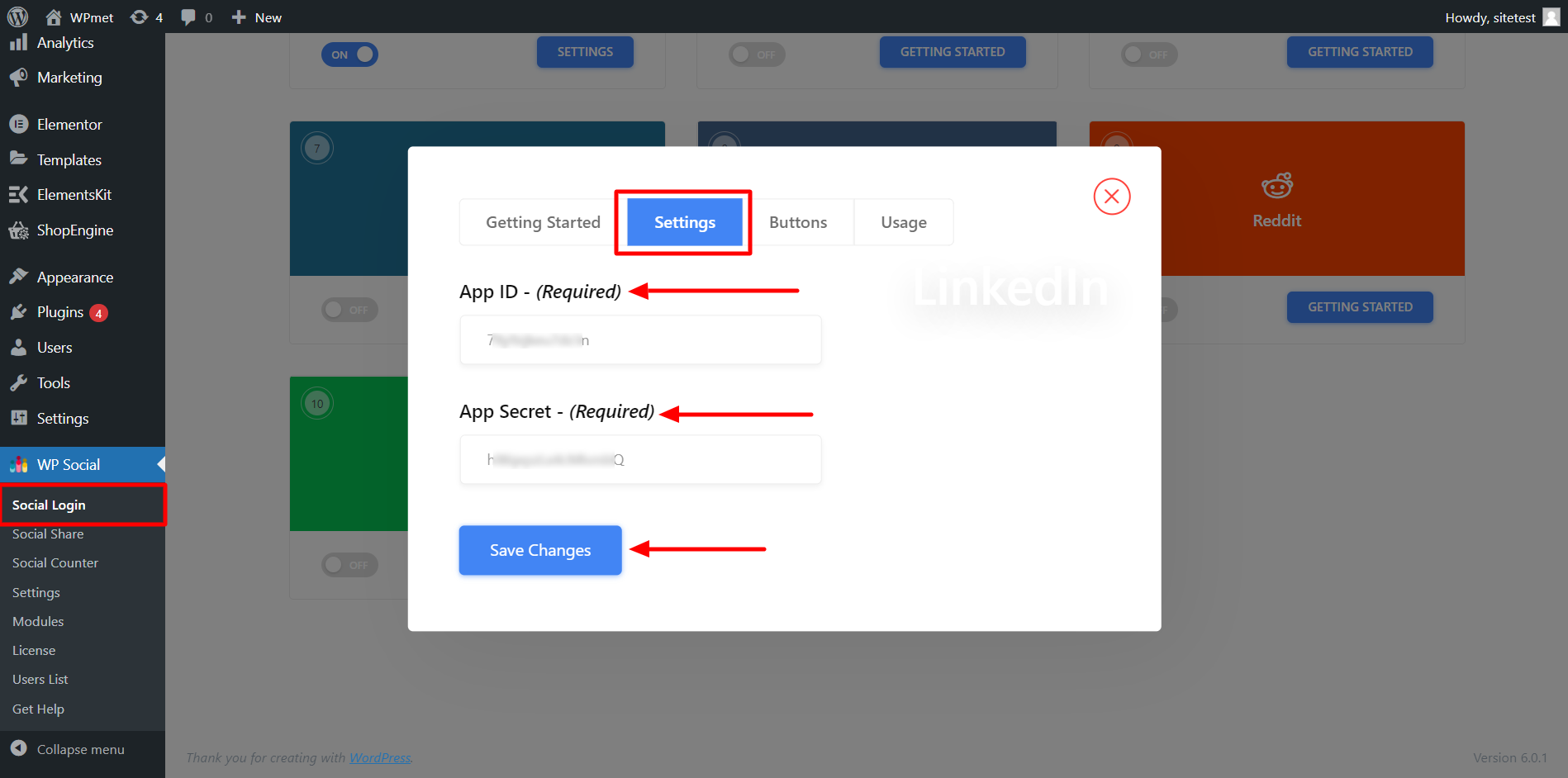 Credenziali dell'app WP Social per l'integrazione dell'accesso social di Linkedin per WordPress