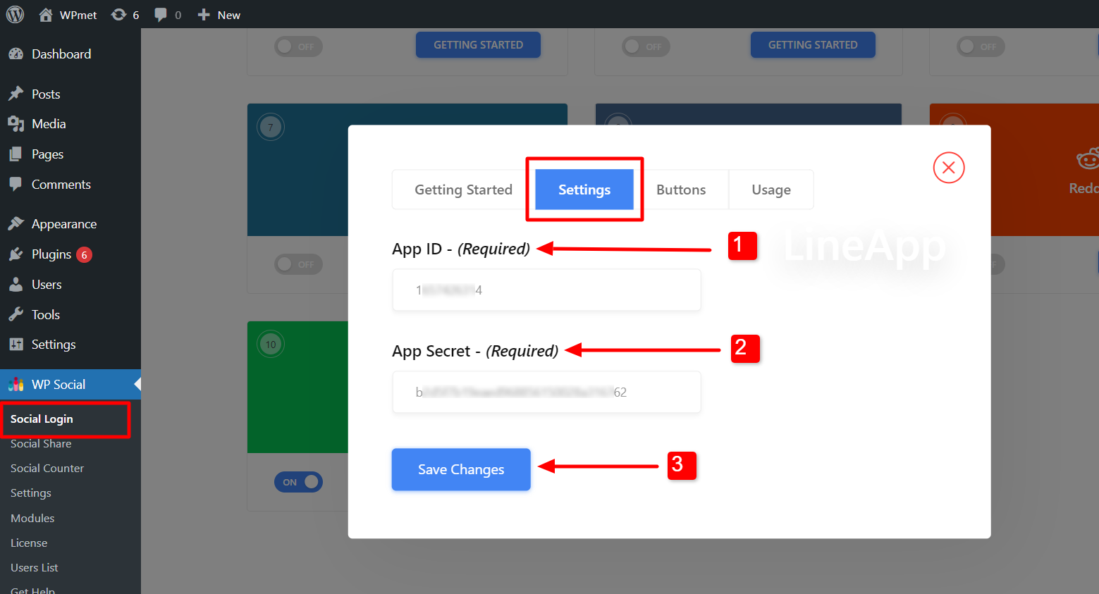 Informations d'identification de l'application LINE