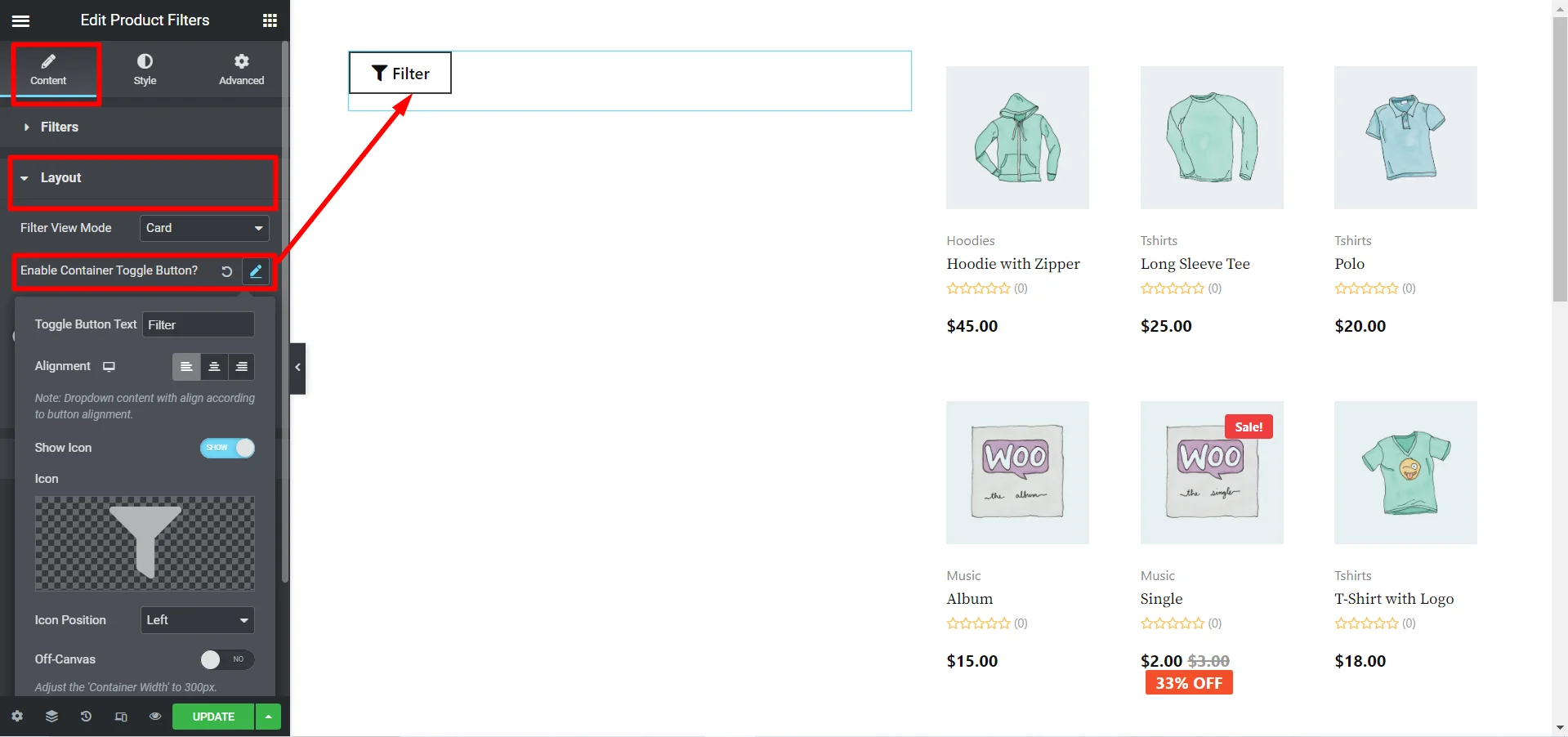 Utilisez le widget de filtre de produits et facilitez le processus de recherche de produits de vos clients.