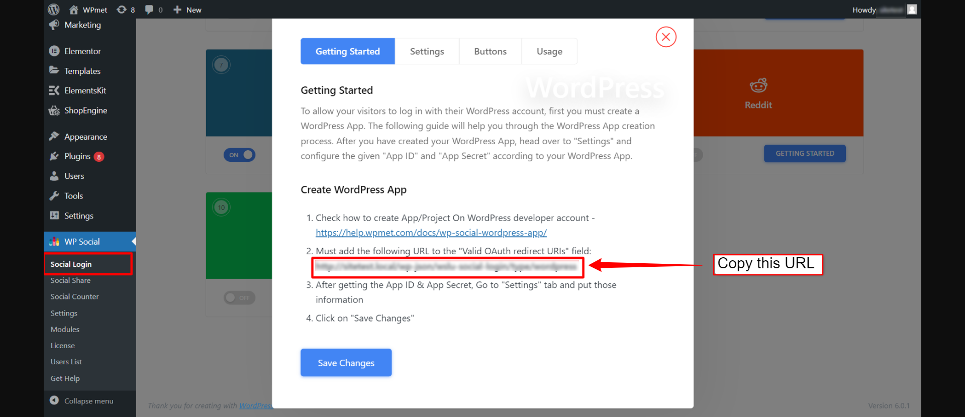 URL di reindirizzamento WP Social per l'app di accesso WordPress