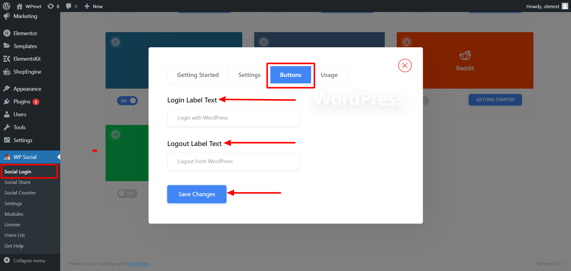 Login button label for WordPress login