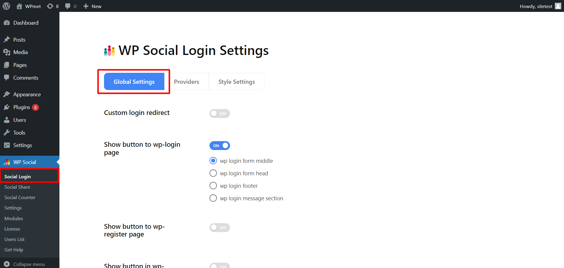 Configure setting of WordPress login with social media for WP Social Login