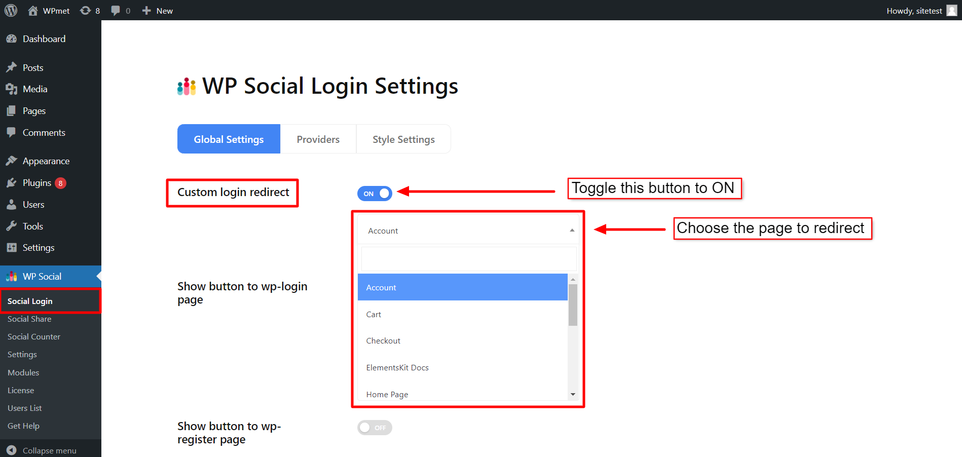 Redirecionamento de login personalizado para WP Social