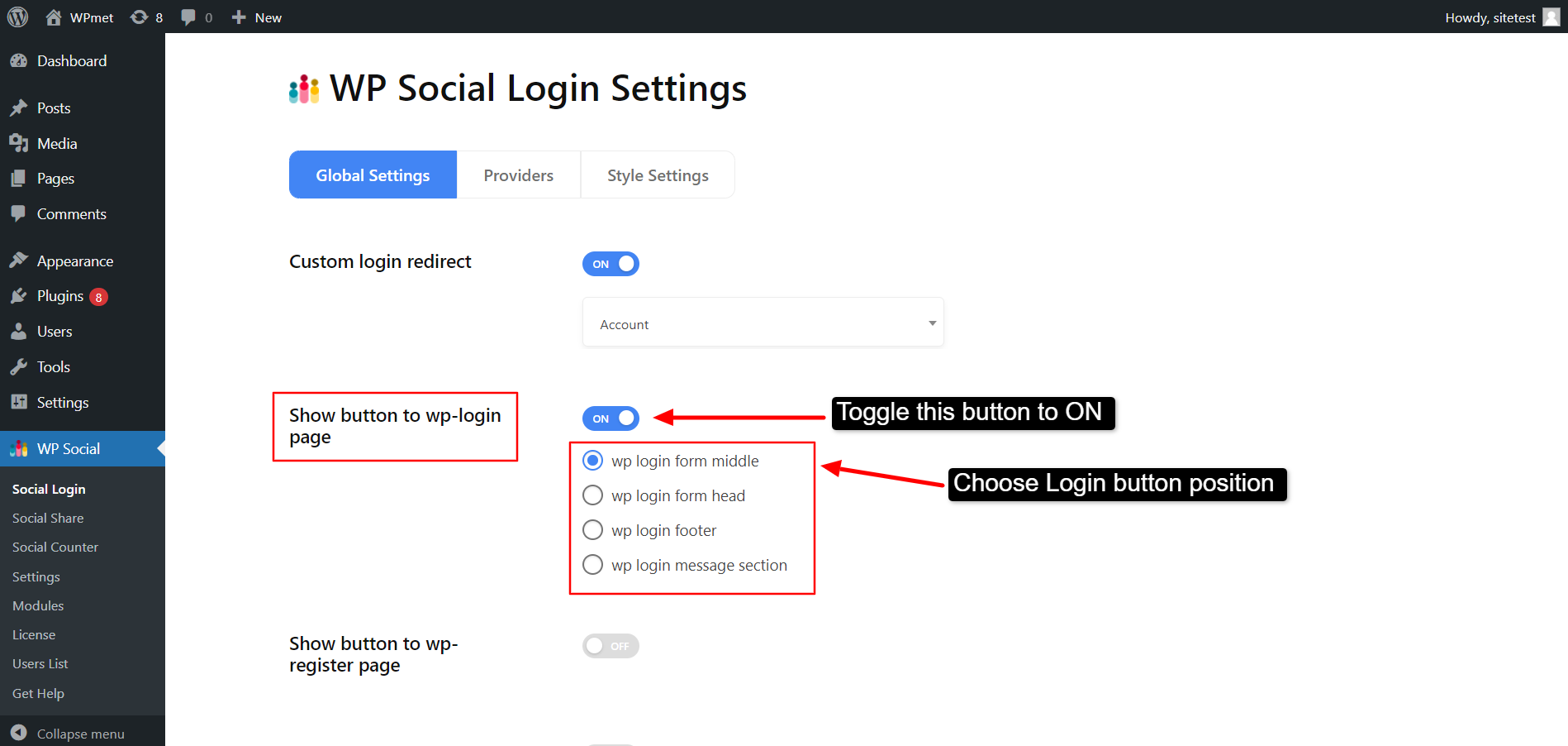  Show button to WP-login page