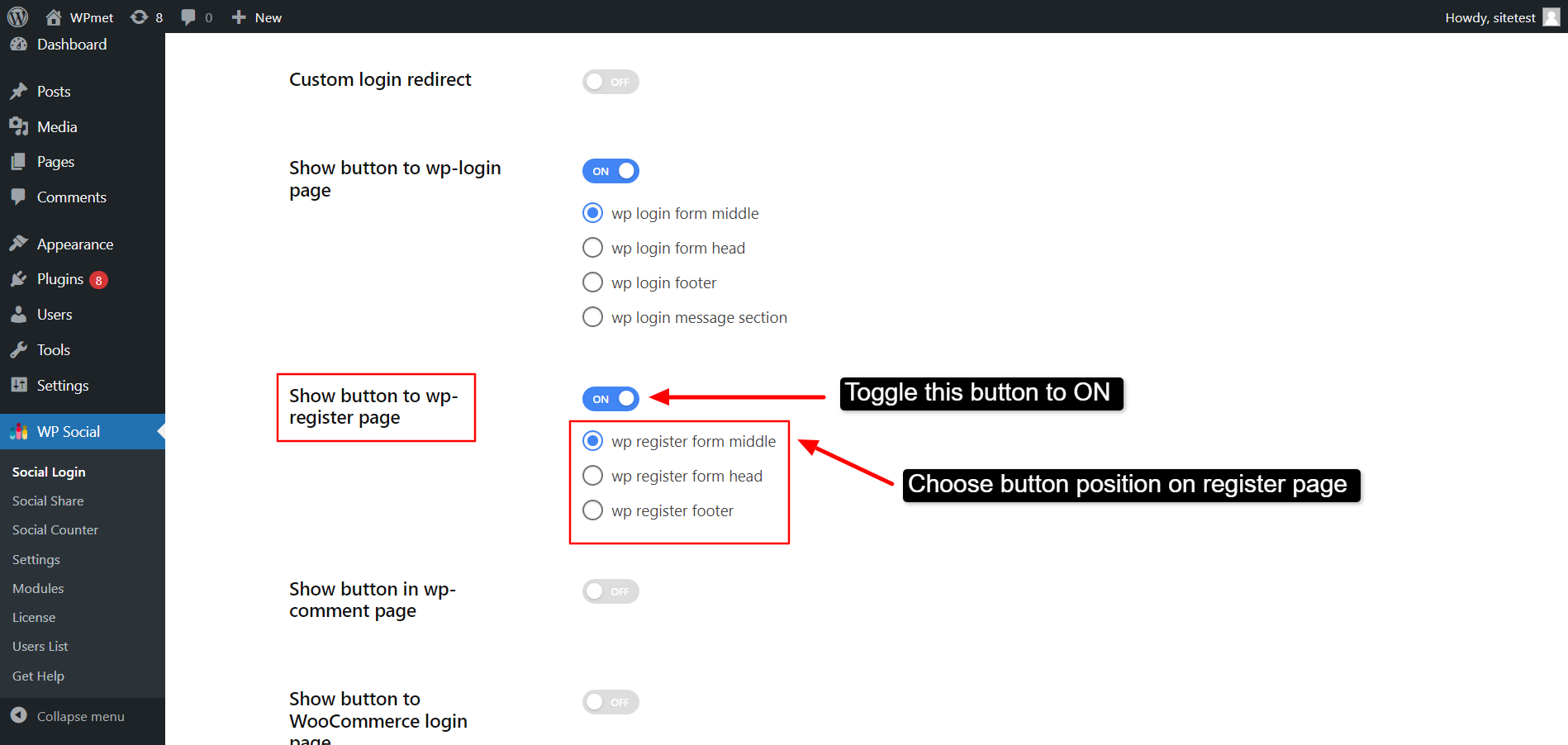 Mostrar botón en la página de registro de WP