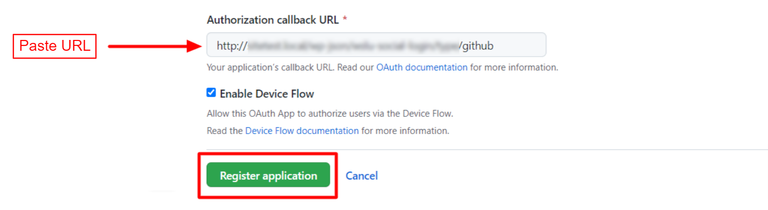 inserisci l'URL di reindirizzamento per l'app GitHub