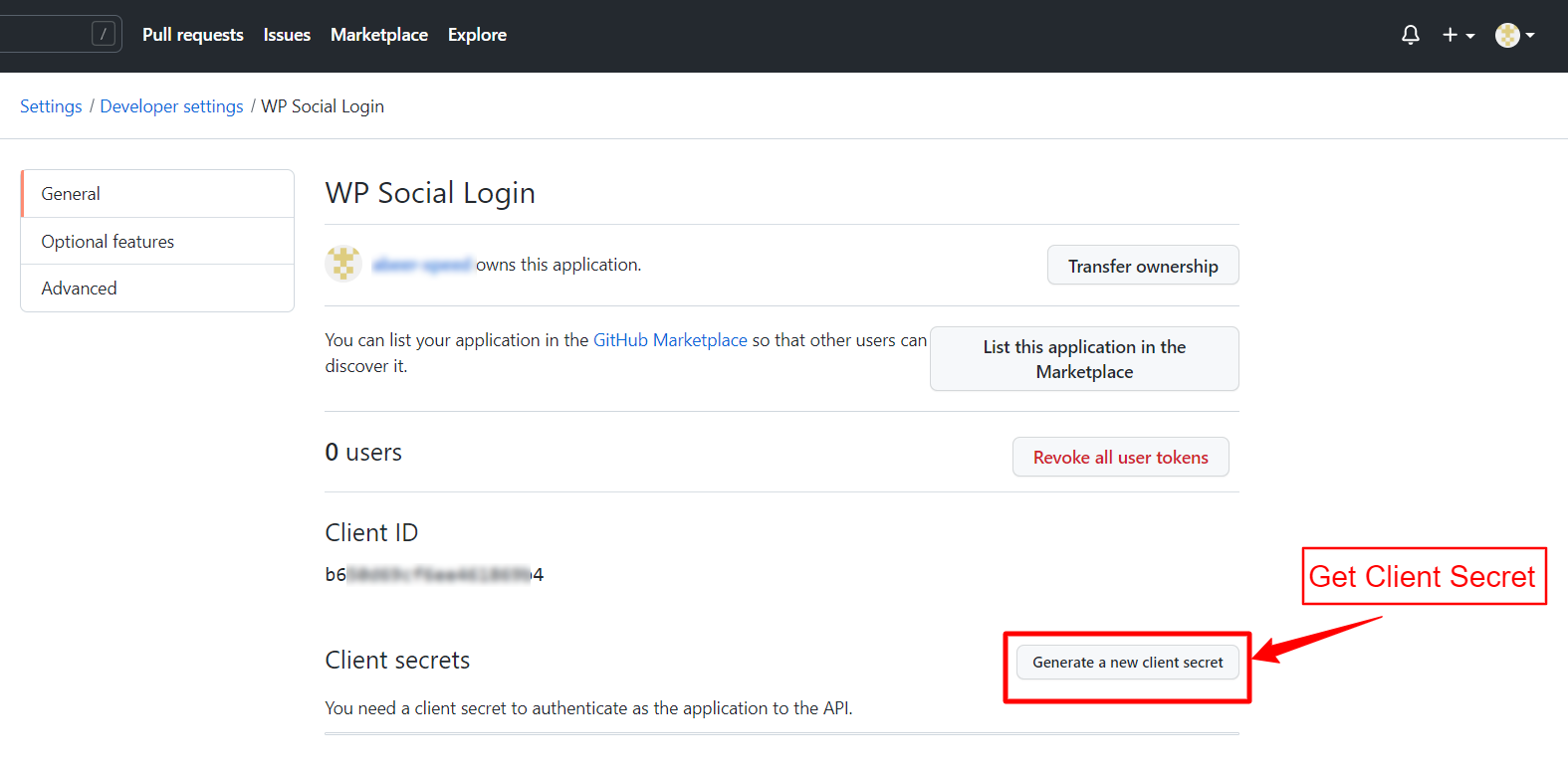 Genera segreto client per l'app GitHub