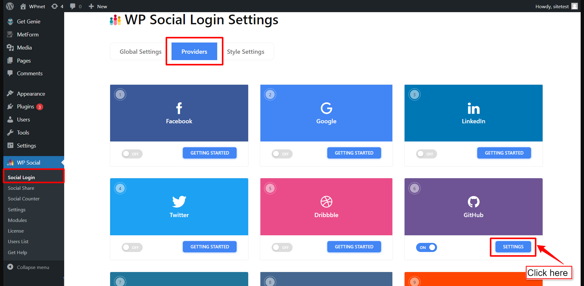 Configura WP Social per l'integrazione di GitHub