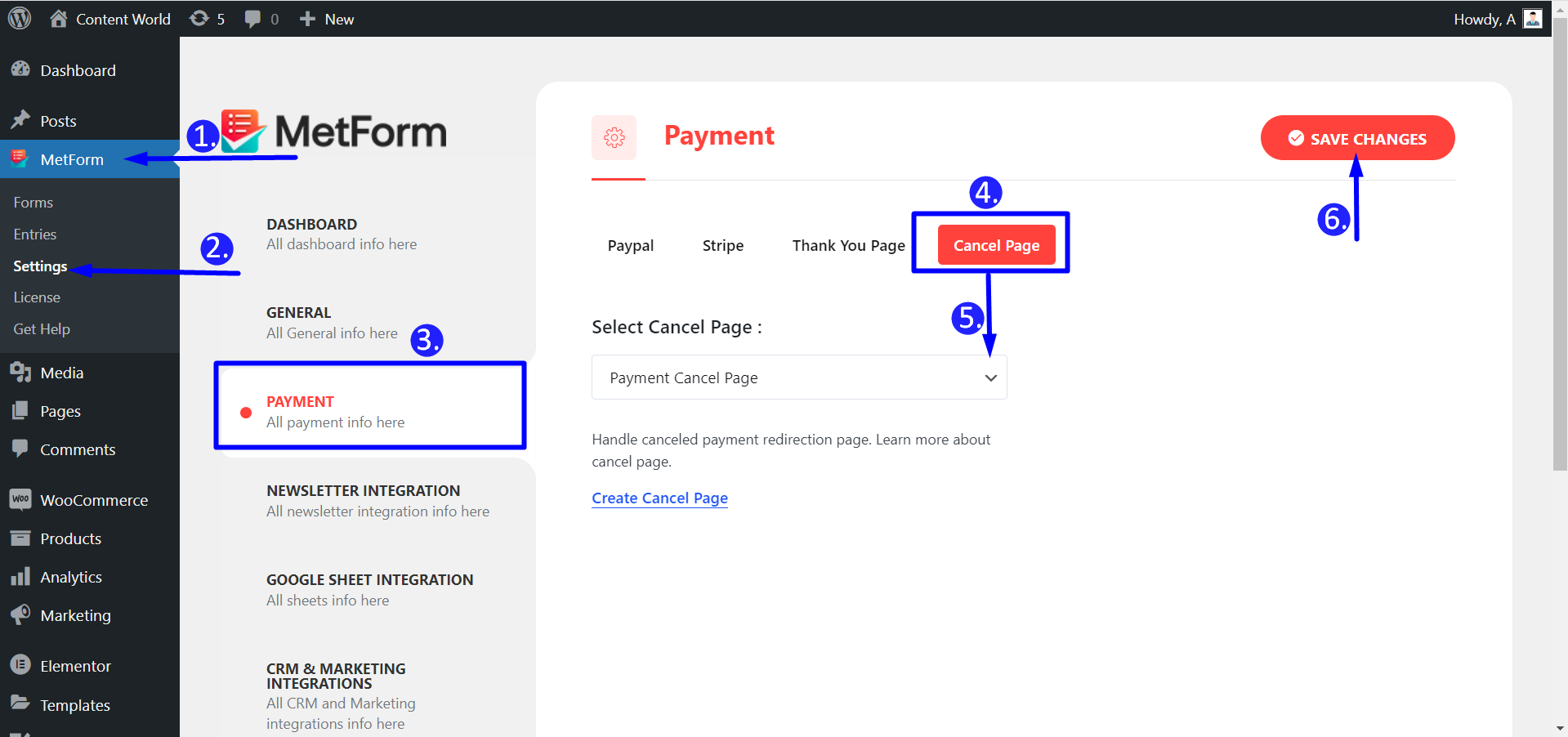 Set up payment cancel page is easy with MetForm.