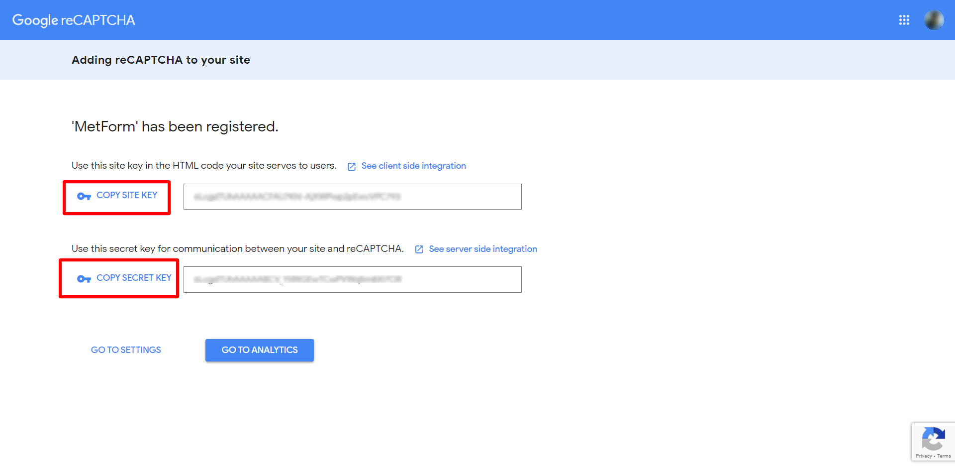 Get reCAPTCHA Site Key and Secret Key from Google