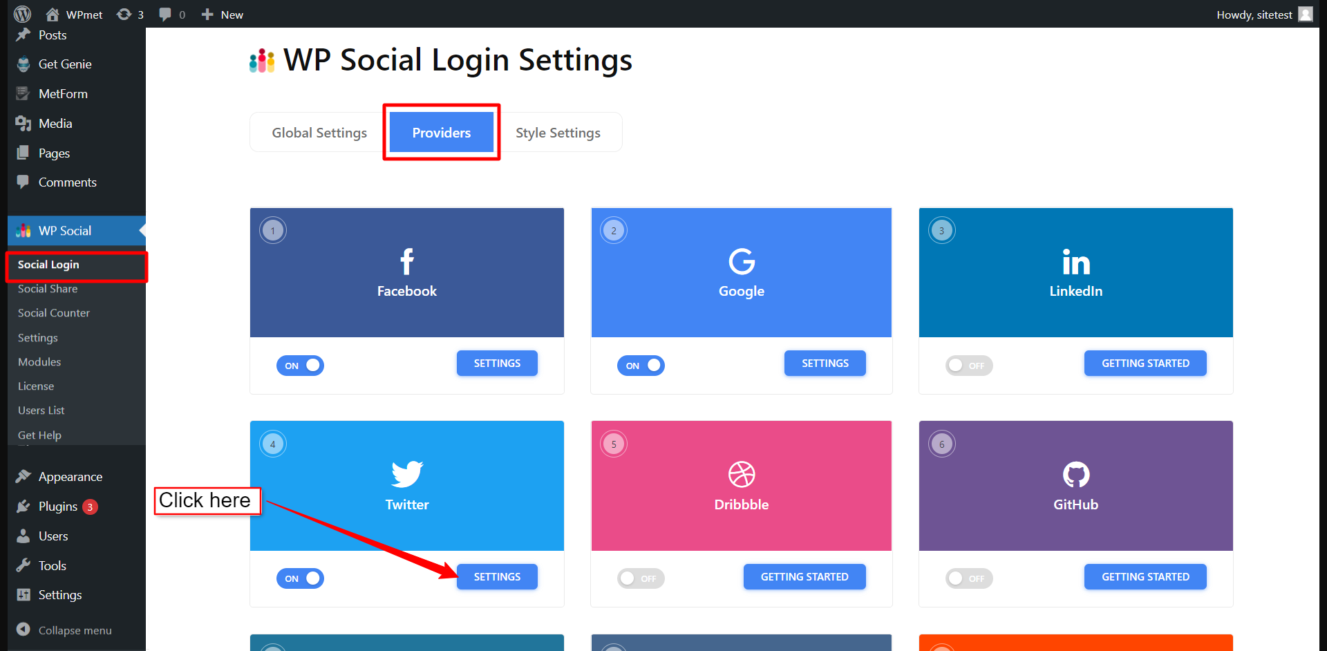 WordPress Twitter login settings