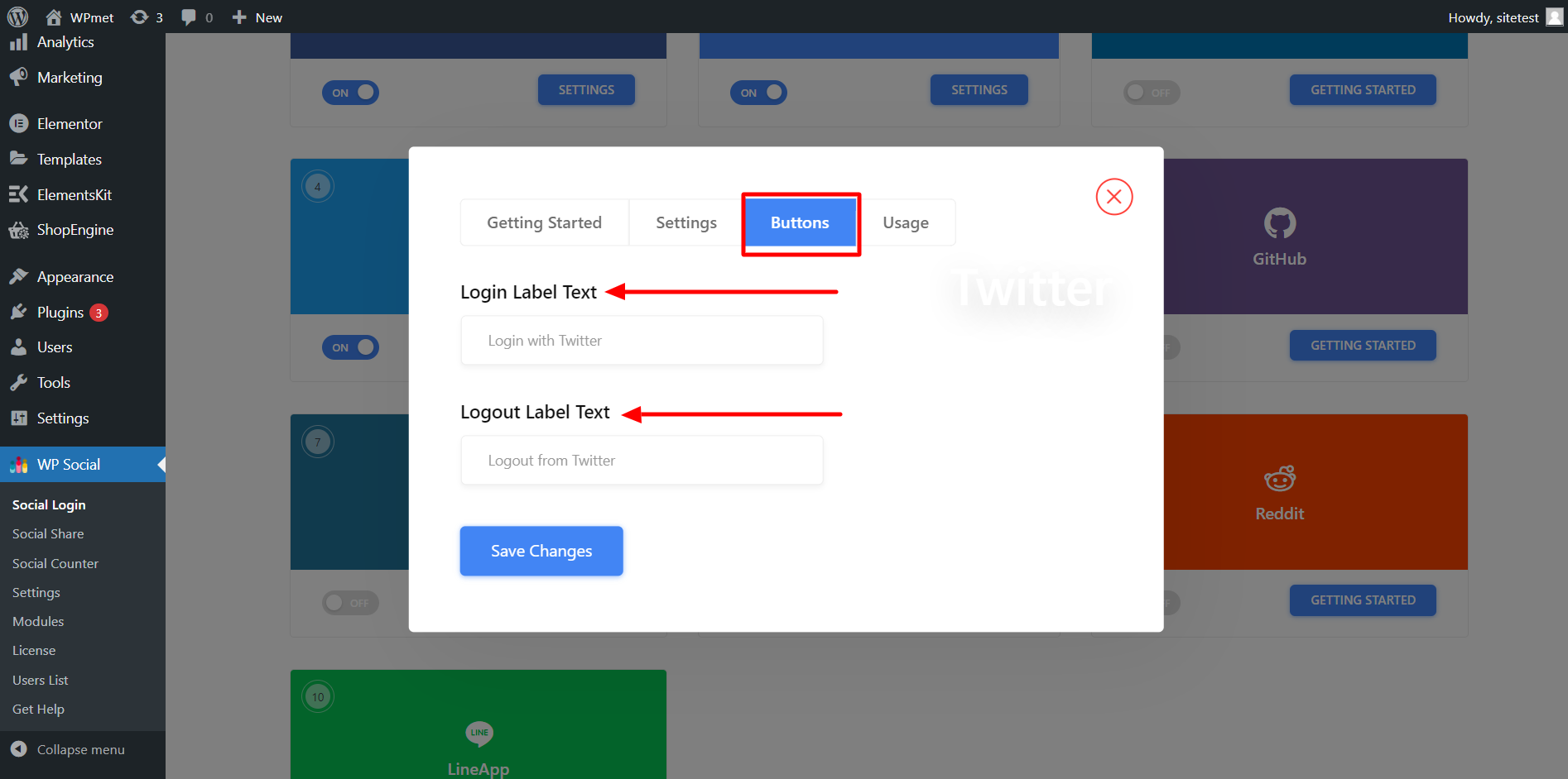 Button label WordPress Twitter login