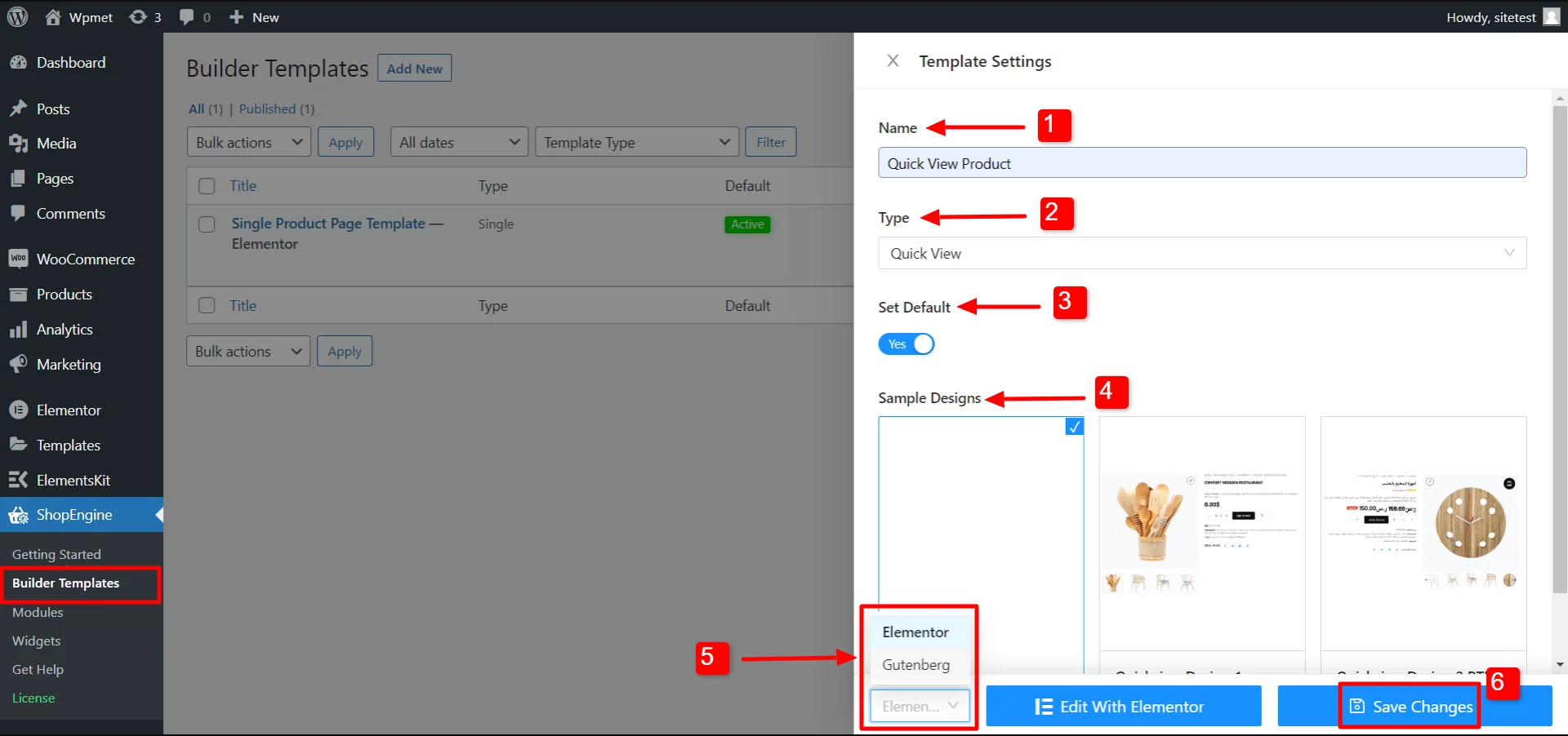 Set quick view template and save