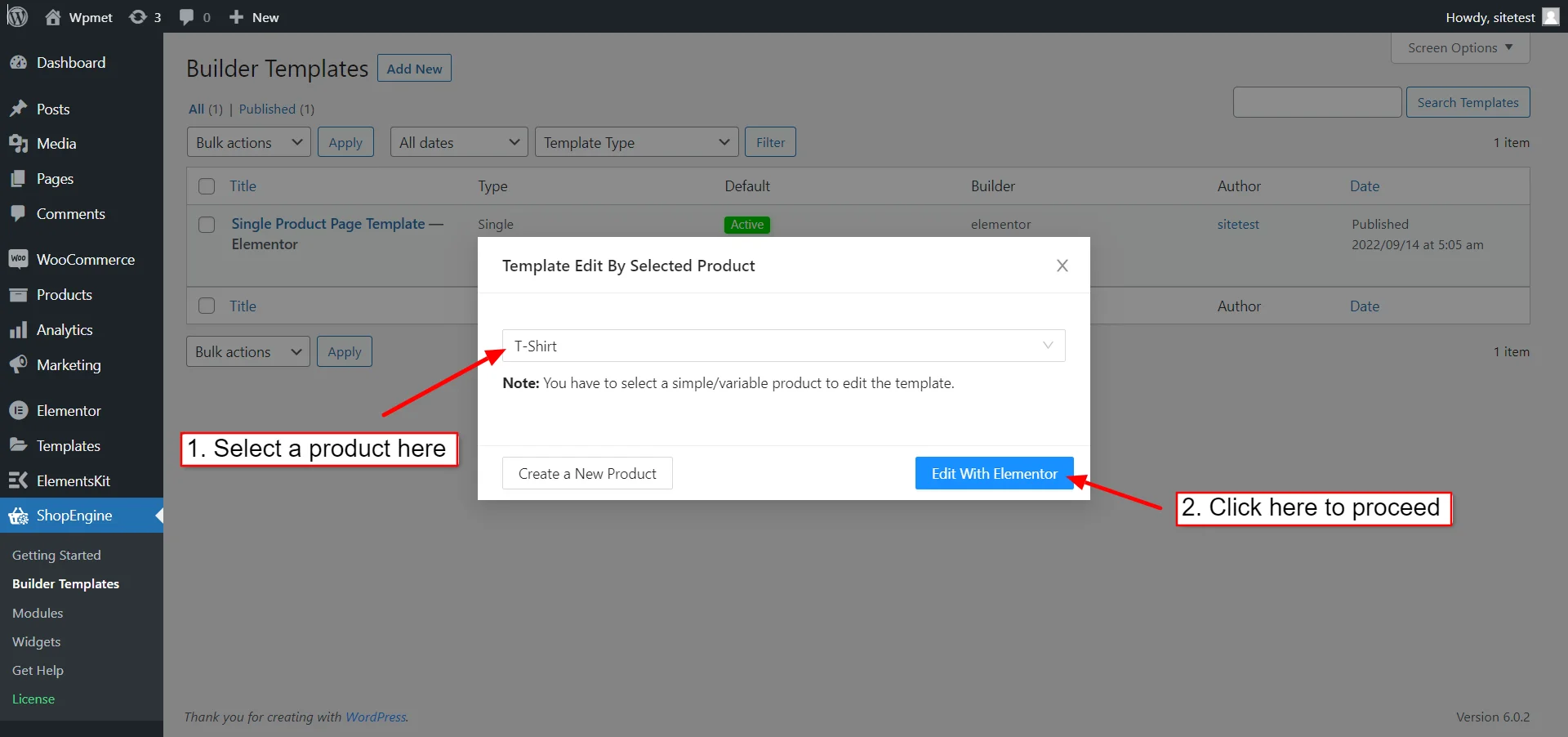 select a specific product to edit single product page template