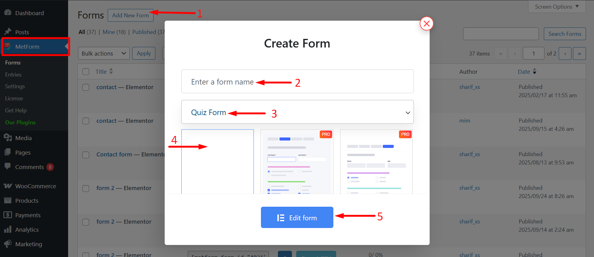 Choose Quiz Form and Edit