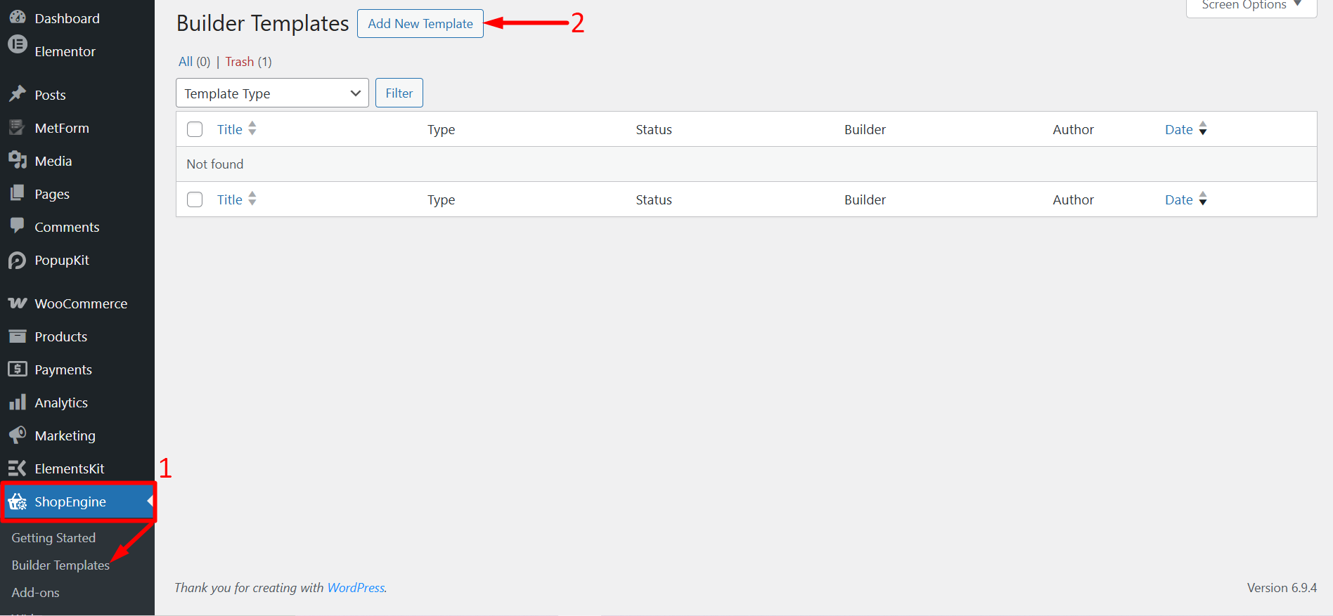 Click builder templates to create a new empty cart template with ShopEngine