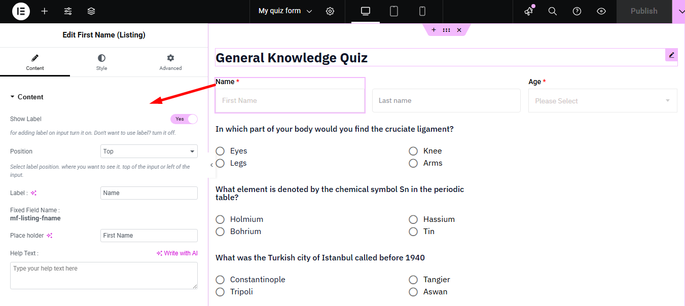 Content tab of a text field