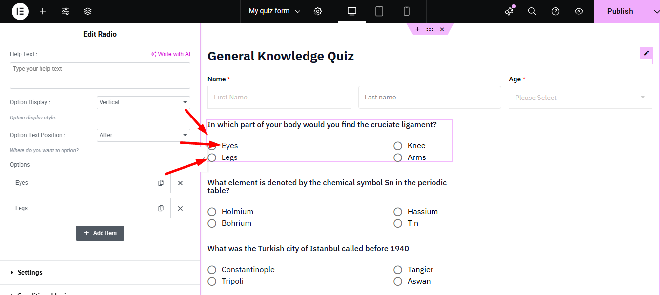 Edit a radio button