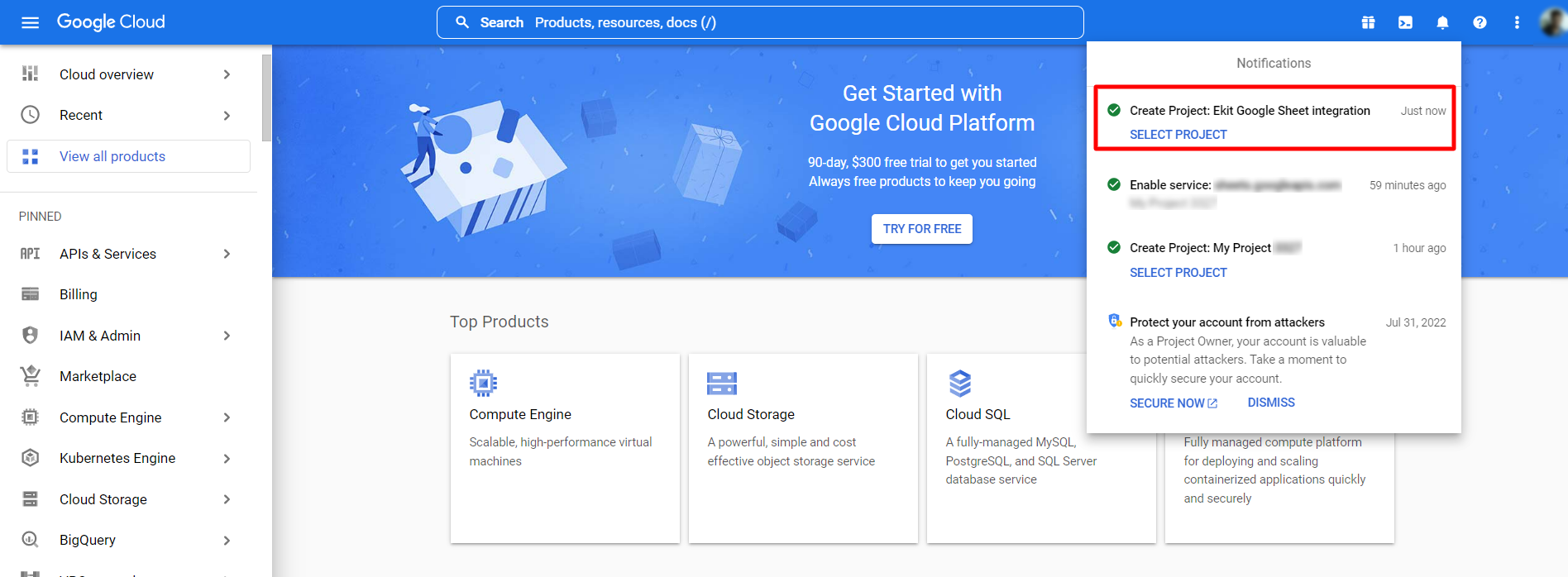 Skapa projekt i Google Cloud Console