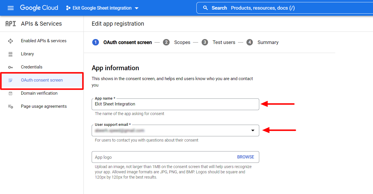App OAuth screen-Google Sheet integration with Elementor