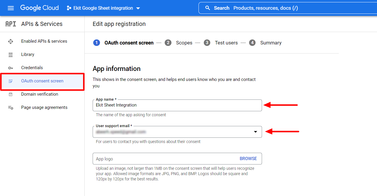 Schermata OAuth dell'app: integrazione di Fogli Google con Elementor