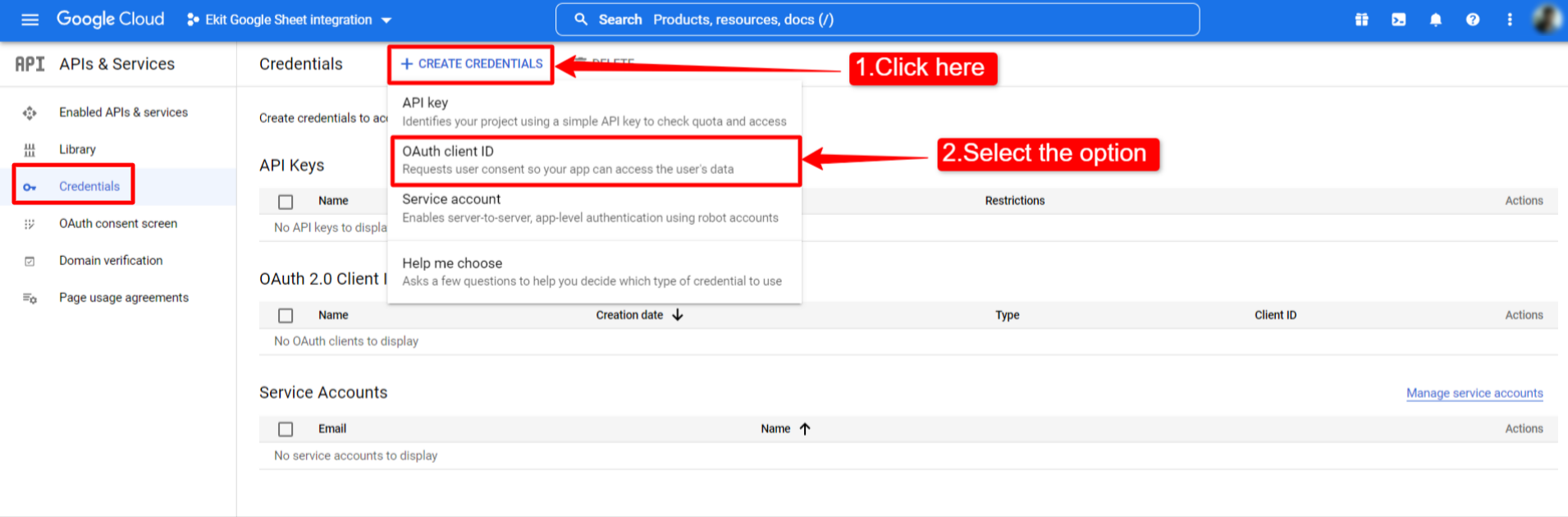 Crear-credenciales-integración de Google Sheet con Elementor