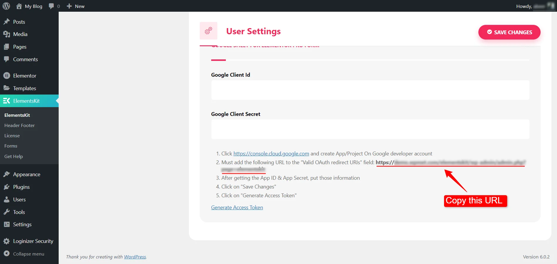 Export data from Elementor form to Google sheet