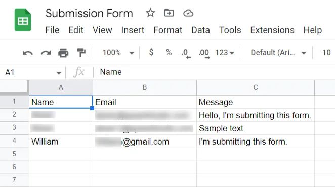 Data imported from Elementor form to Google sheet