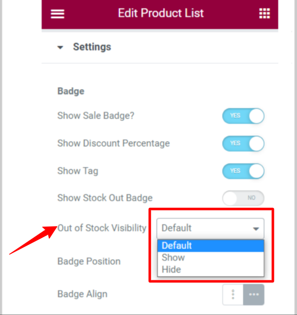 In image showing Out-of-stock visibility control feature for ShopEngine Product List widget