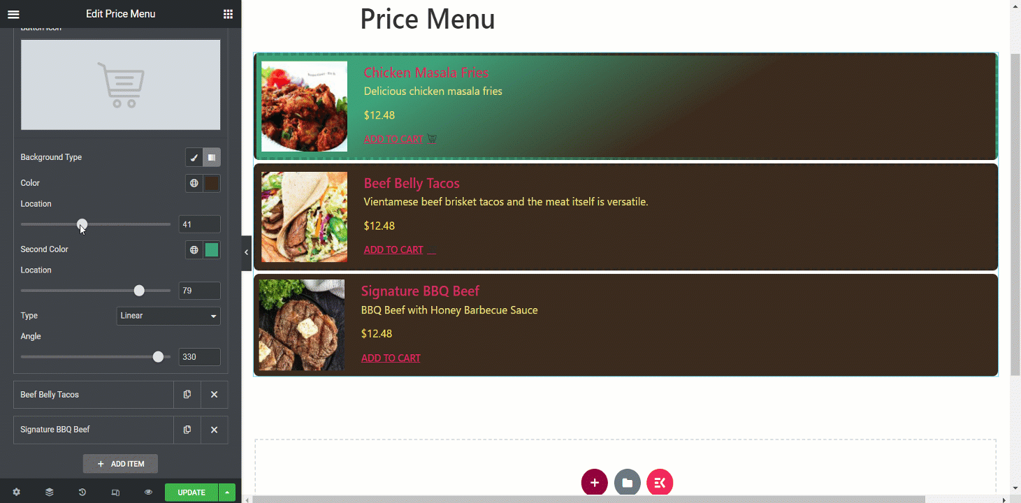 La personalizzazione del widget del menu dei prezzi di ElementsKit è divertente ma efficace.