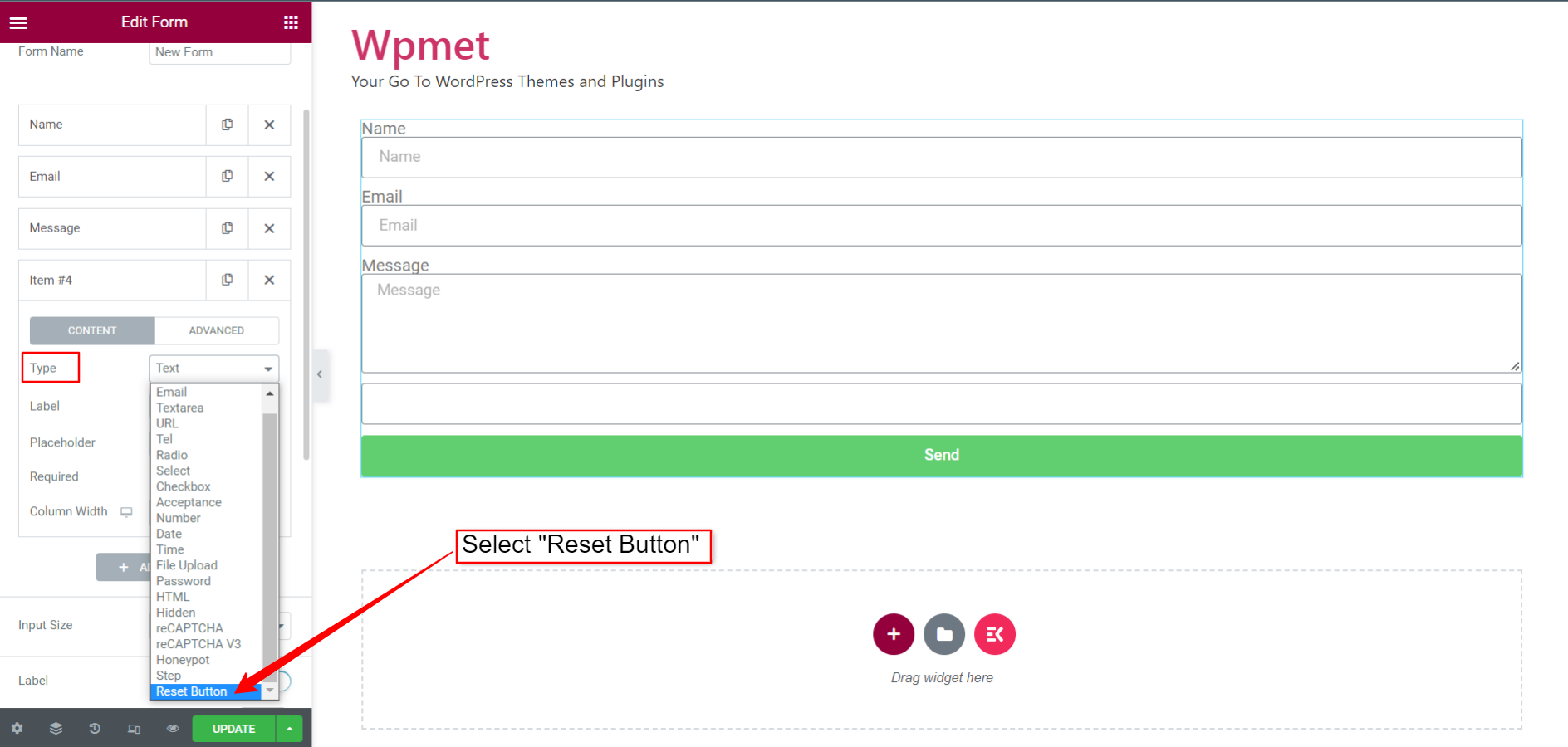 An image showing how to select Elementor Form reset button