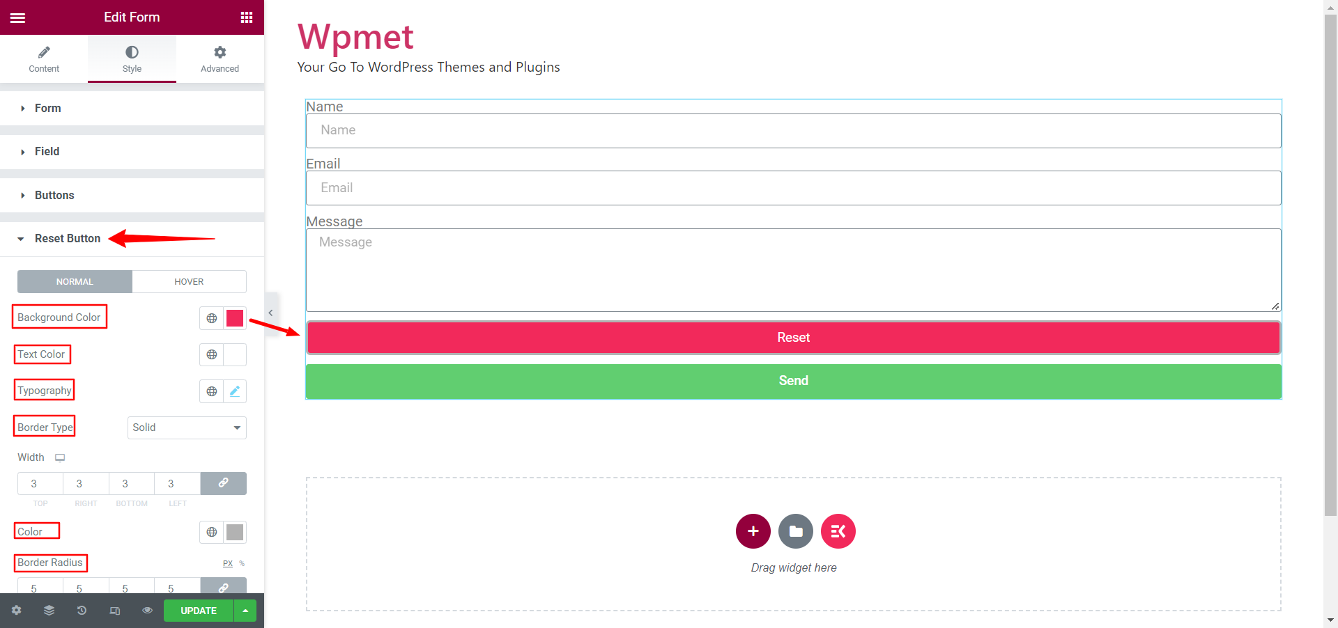 Customize Elementor Form Reset Button styles