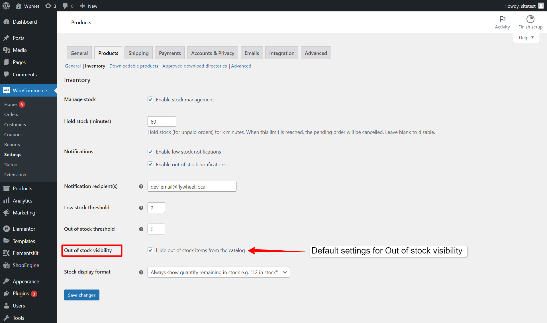 An image showing Default Out of Stock Visibility settings for WooCommerce