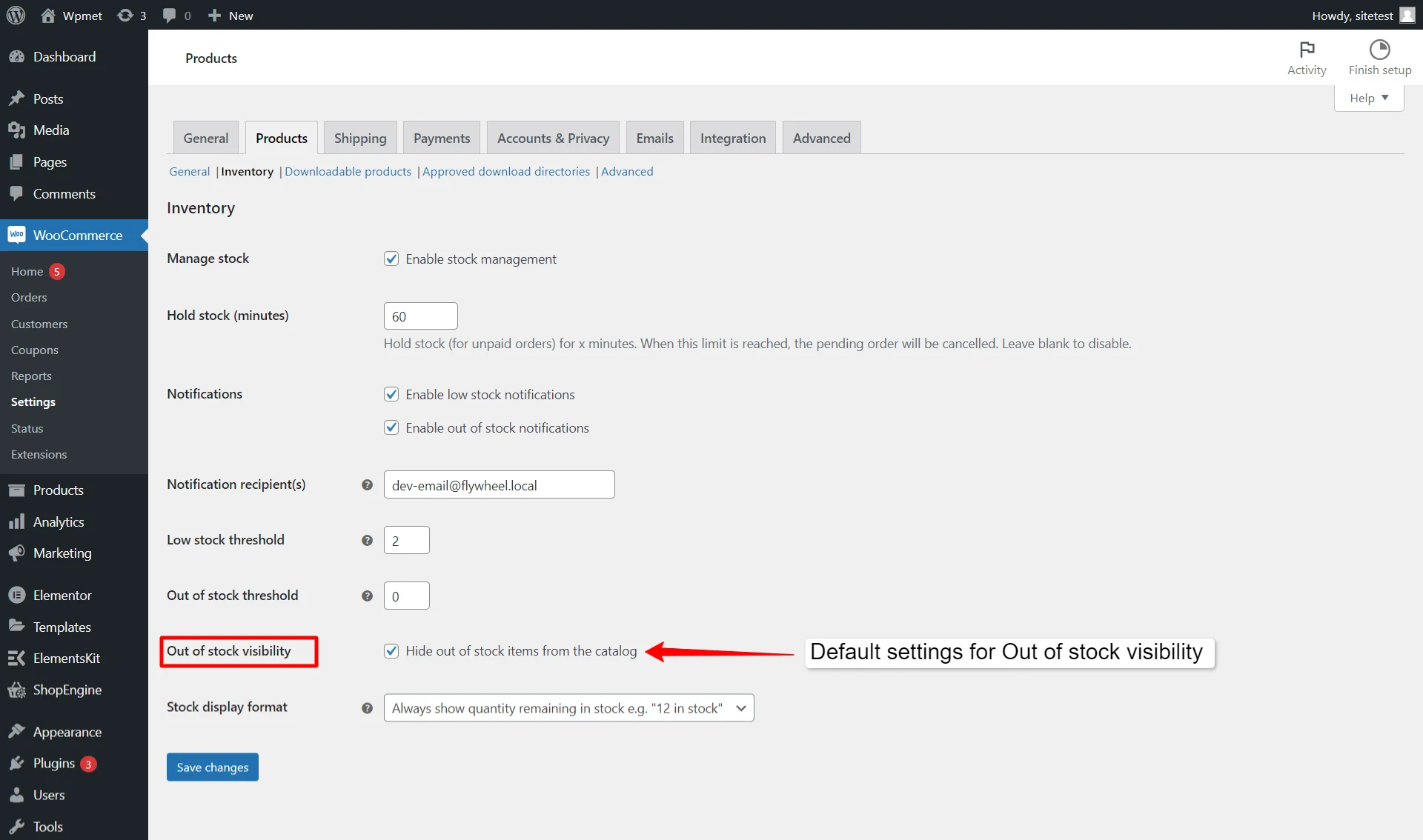 An image showing Default Out of Stock Visibility settings for WooCommerce