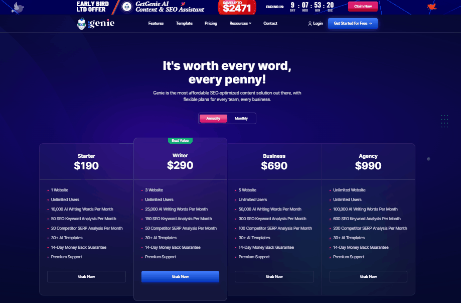 GetGenie - Your SEO and Content Assistant - Pricing Table