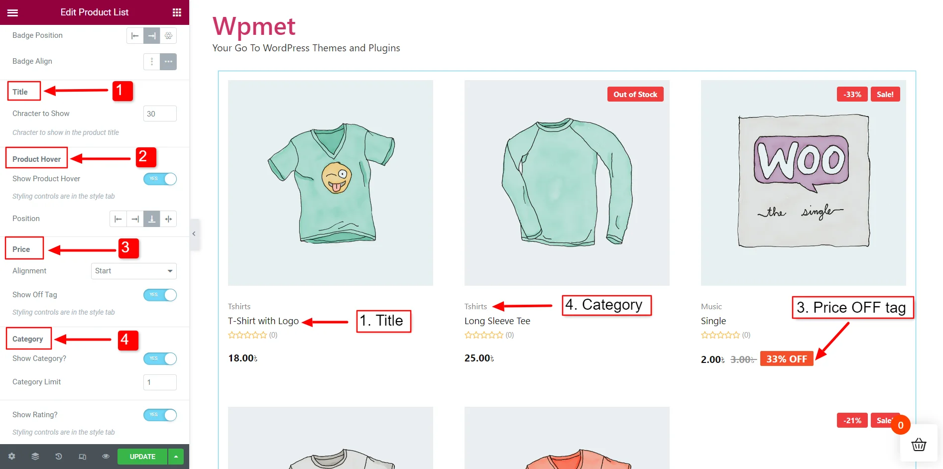 An image showing the setting of Product list widget of ElementsKit