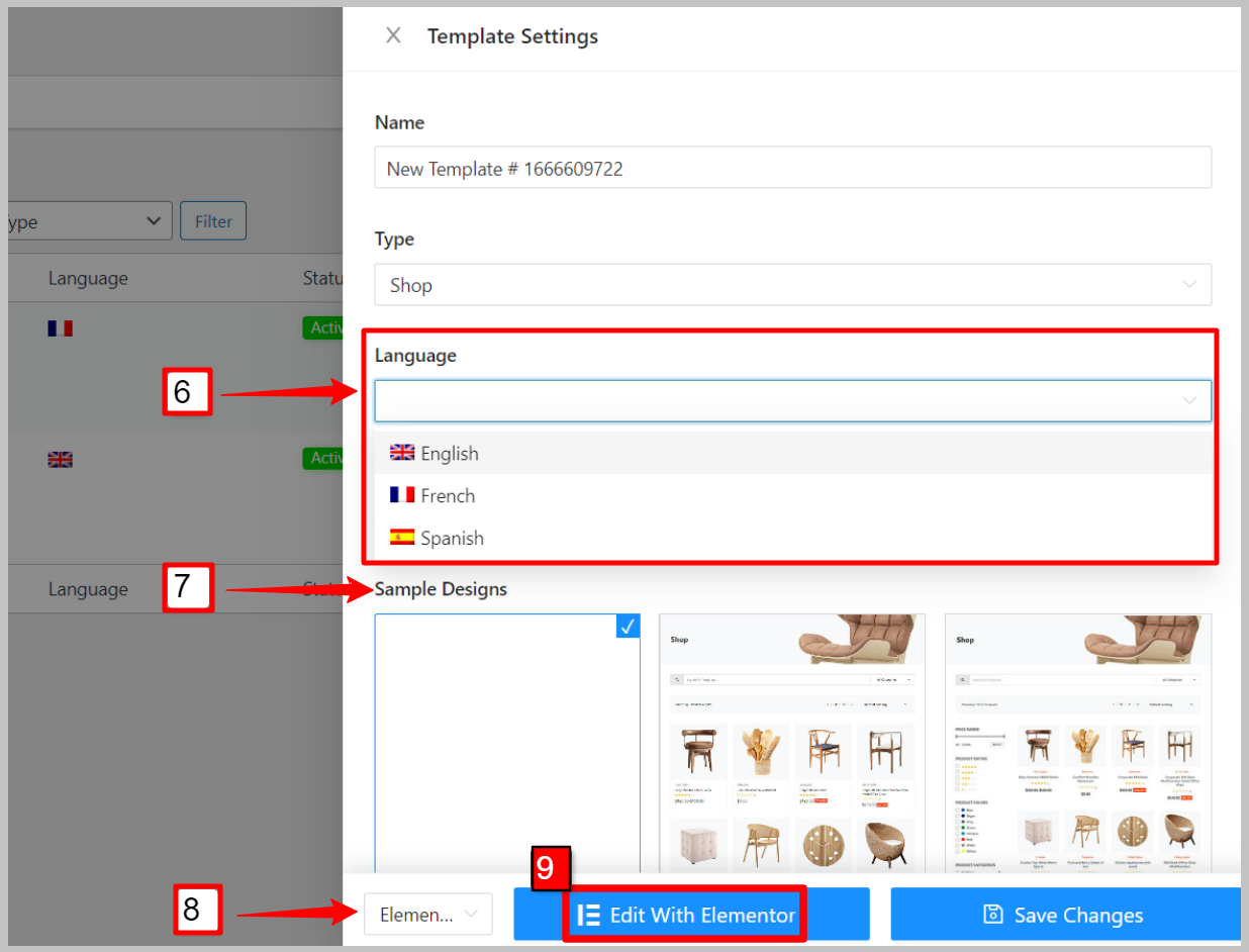 Elija el idioma para la plantilla multilingüe ShopEngine WooCommerce