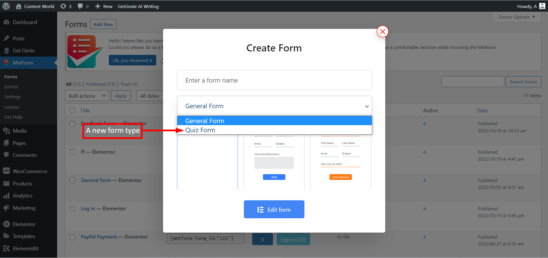 Quiz form type of MetForm