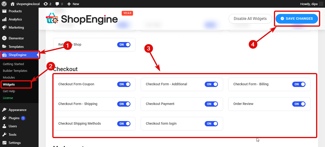 enble WooCommerce multi-step checkout widgets by ShopEngine