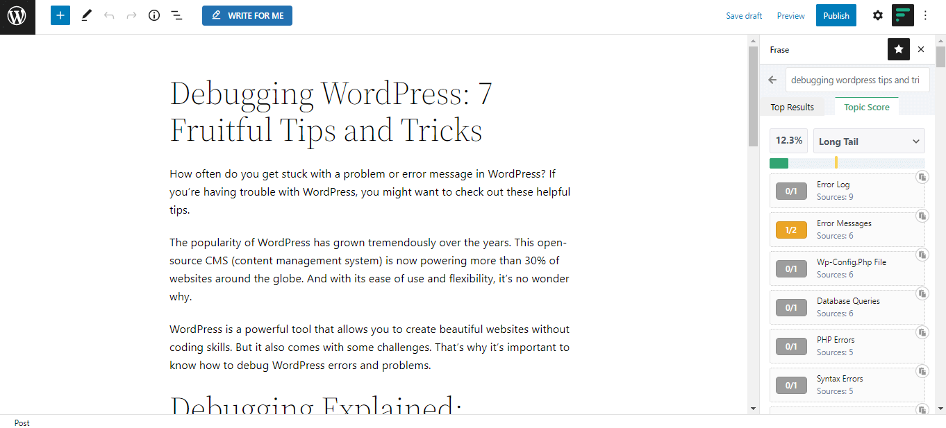Frase's WordPress topic score