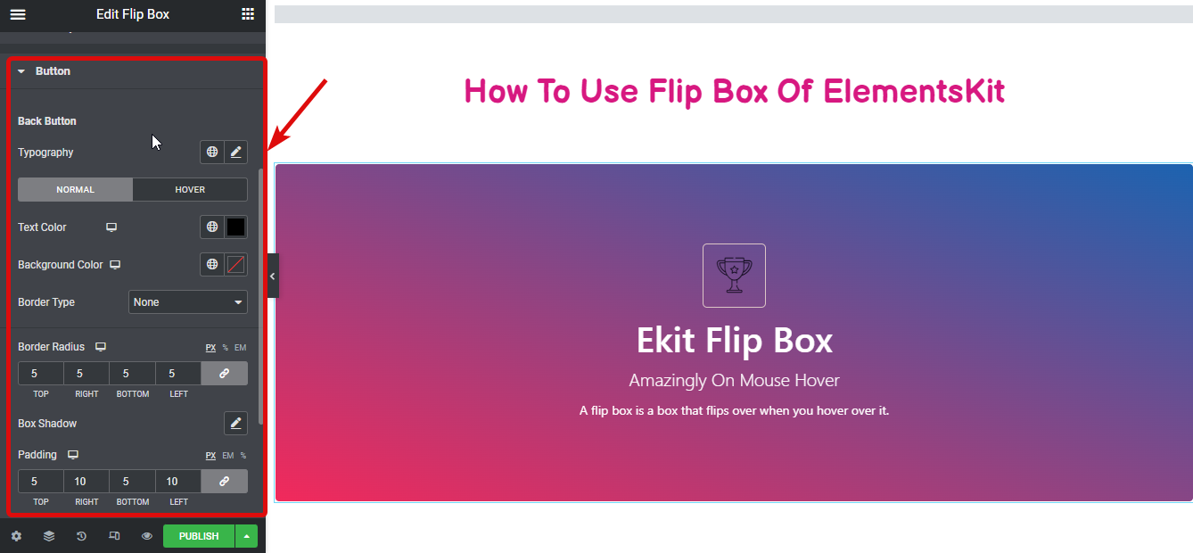 Paramètres de la flip box de style bouton – Comment créer des superpositions et des survols Flipbox dans WordPress