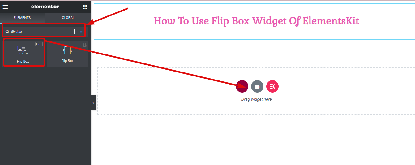 trascina e rilascia il widget Flipbox di elementskit - Come creare sovrapposizioni e passaggi Flipbox in WordPress